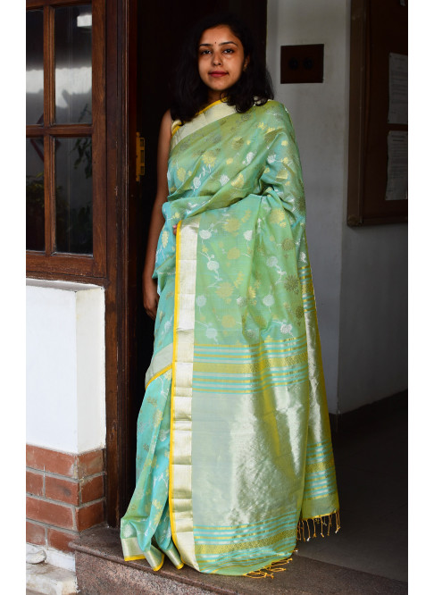 Seagreen, Handwoven Organic Cotton, Textured Weave , Jacquard Handpicked, Festive Wear, Jari Saree